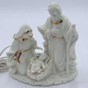 Vintage Bisque Porcelain Nativity Nightlight Mary Joseph Baby Jesus Gold Trim